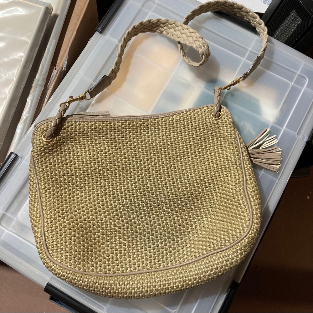 Botegga Veneta Woven Fiber And Leather Vintage Crossbody Bag With Woven Strap